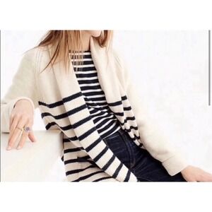 J. Crew W SML Stripe Shawl Collar‎ Cardigan Sweater Cream Navy Cotton wool Blend